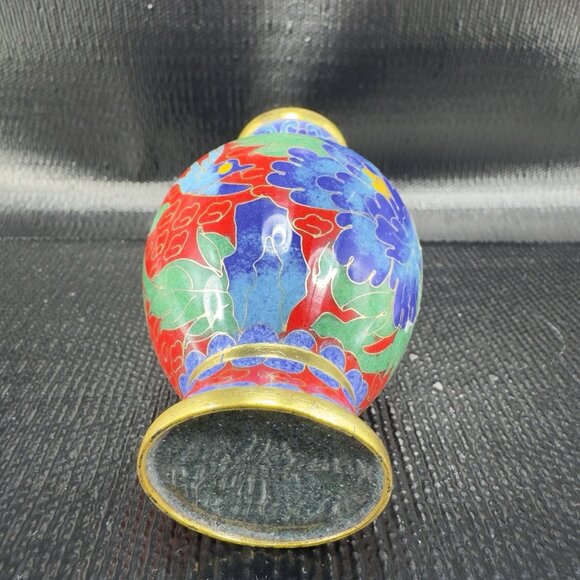 Vintage Chinese Cloisonne Vase Vessel Bud Vase Blue Red Bird Flowers Metal VTG - Picture 6 of 12